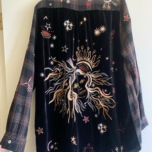 Johnny Was Black Velvet Button Down Shirt with Embroidered Stars and Sun